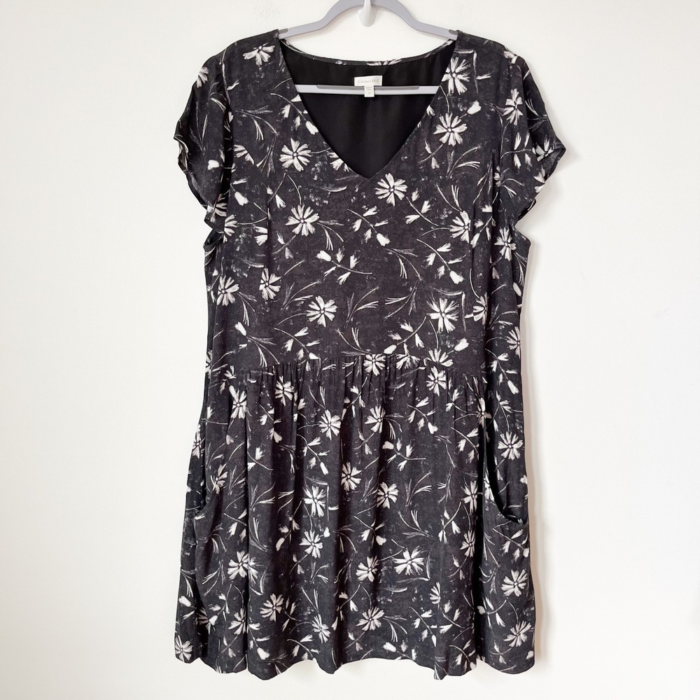 Garnet‎ Hill Summer Day V Neck Drop Waist Dress Black Floral Women 18 Fall - Picture 8 of 14